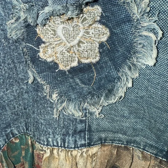 Denim Patchwork ruffle Jacket with Floral Accents by Young Threads - Picture 3 of 11